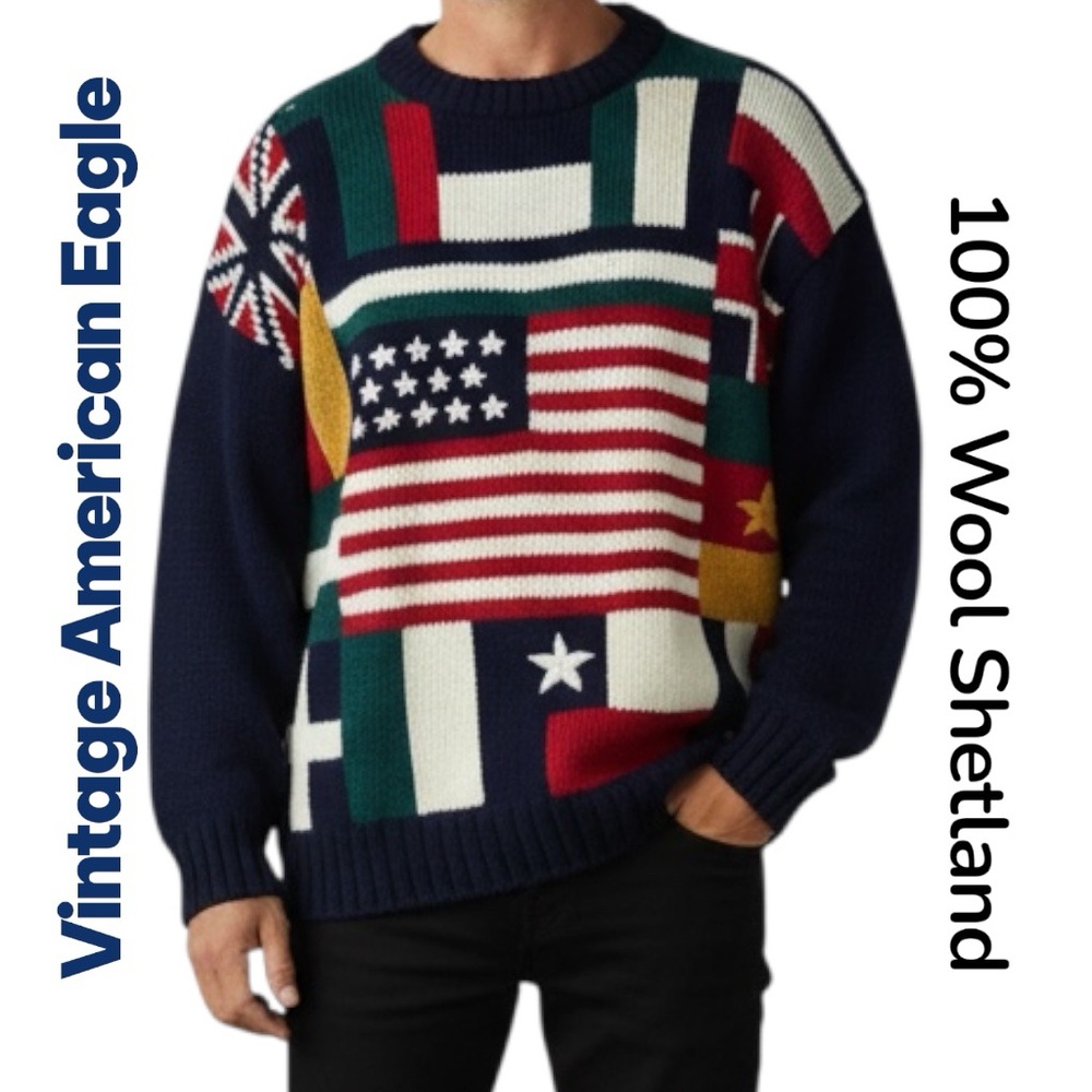 Vintage 80’s American Eagle Outfitters Sweater Unisex Flag Shetland Wool Sz L